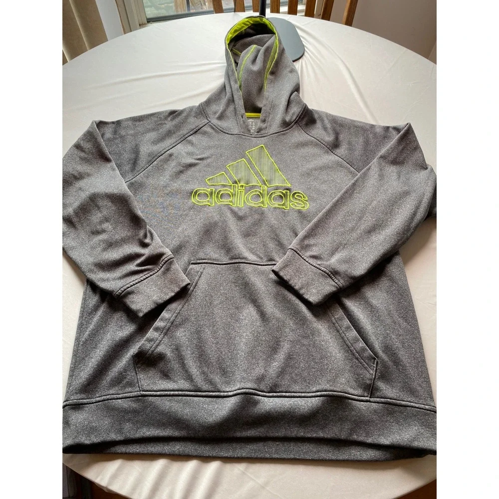 Adidas Mens Gray Fleece Hoodie Neon Green Logo Pullover F82296 XL